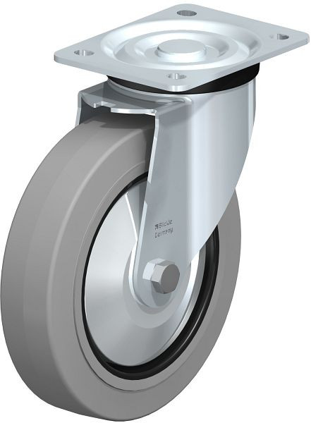 Blickle L-POEV 200XR-SG-FA Stahlblech-Lenkrolle, mittelschwere Ausführung, mit Anschraubplatte, Elastik-Vollgummi, Grau, 850738