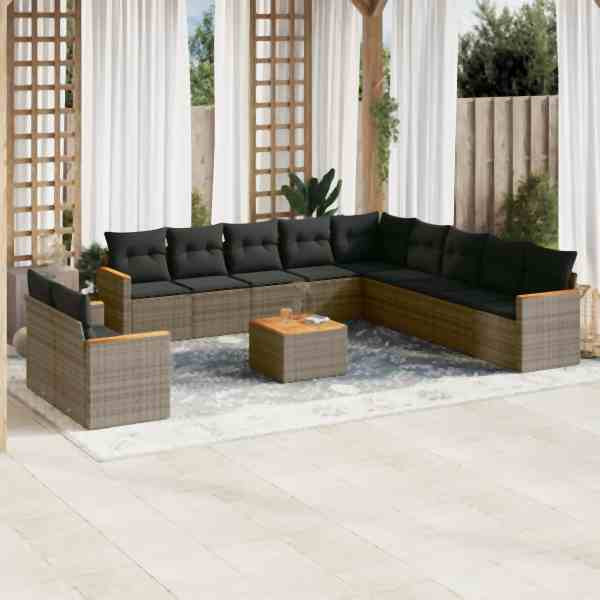vidaXL 12-tlg. Garten-Sofagarnitur mit Kissen Grau Poly Rattan, UV-beständig, 3258539