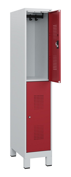 C+P Doppelstöckiger Spind Evolo PLUS, Füße, 2 Fächer, 1630x300x500mm, 7035/3003, Zylinderschloss, 0493105-10 S10026
