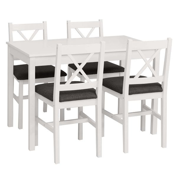 Mendler Esszimmer-Set HWC-F77, Sitzgruppe Esszimmergruppe, Massiv-Holz Kiefer Stoff Landhaus 110cm, weiß Polster schwarz, 118626