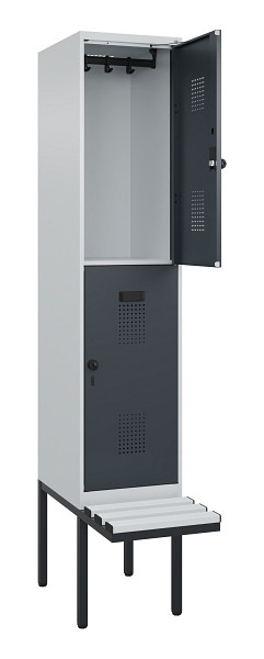 C+P Doppelstock-Spind Evolo PLUS, Bank, 2 Fächer, 2120x400x815mm, 7035/7016, Drehriegel, Sitzfläche Kunststoff, 0493407-12 S10093