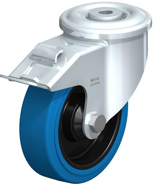 Blickle LKR-POEV 125KD-FI-SB Stahlblech-Lenkrolle, schwere Ausführung, mit Rückenloch & Feststeller, Elastik-Vollgummi, Blau, 851536