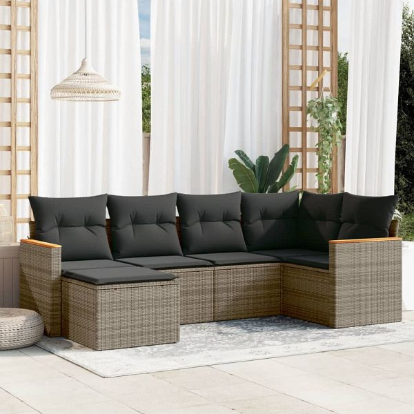 vidaXL 6-teilig Garten-Sofagarnitur mit Kissen Grau Poly Rattan, 3226179
