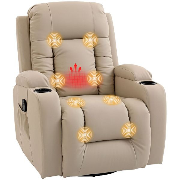 HOMCOM Massagesessel mit Wipp-, Liege- & Wärmefunktion, 3 Modi, drehbar, Cremeweiß, 700-050V94CW