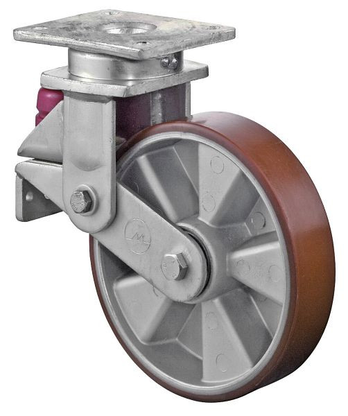 BS Rollen Gefederte Schwerlastrolle, Breite 50 mm, Ø200 mm, bis 600 kg, Lauffläche Guss-Polyurethan 95 Shore A, Aluminium, Kugellager, T100.B90.200