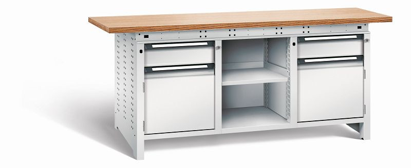 Otto Kind Werkbank Serie function Typ 308, Multiplexplatte 40 mm, überstehend, 2x Unterbau + mittleres Feld, komplett RAL 7035, 072363217