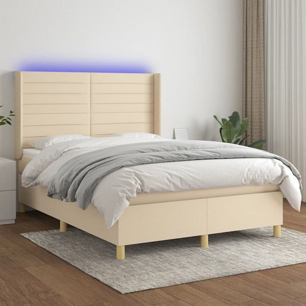 vidaXL Boxspringbett mit Matratze & LED Creme 140x200 cm Stoff, 3138962
