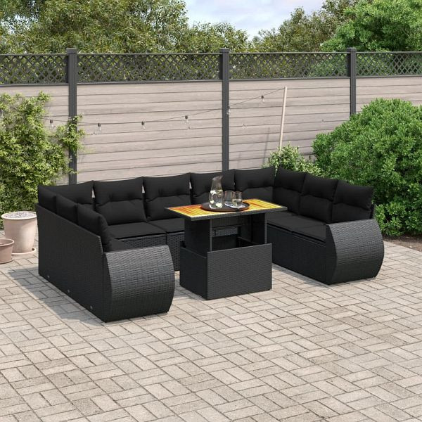 vidaXL 10-teilig Garten-Sofagarnitur mit Kissen Schwarz Poly Rattan, 3272336