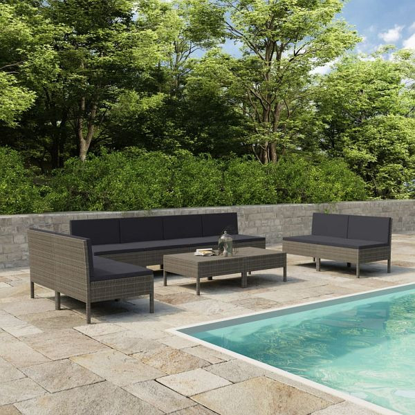 vidaXL 10-teilig Garten-Lounge-Set mit Auflagen Poly Rattan Grau, 3056980
