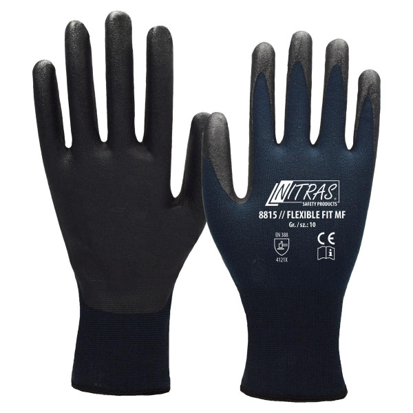 NITRAS FLEXIBLE FIT MF, Strickhandschuhe, Spezial-Stretch-Strick, dunkelblau, Nitril-Mikroschaum-Beschichtung, schwarz, Größe: 9, VE: 144 Paar, 8815-9