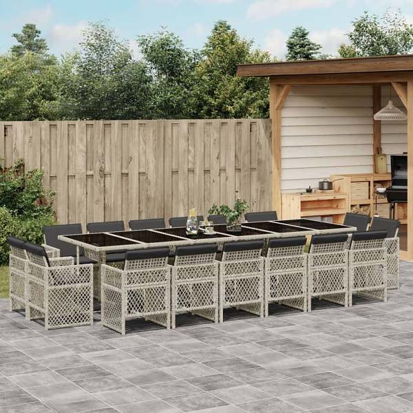 vidaXL 17-tlg. Garten-Essgruppe mit Kissen Hellgrau Poly Rattan, UV-beständig, 3210887