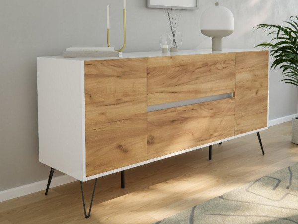 Posseik Sideboard Industrial G 155cm 2 Schubladen 2 Türen Weiß/Eiche Front, PN2084X0000034DE