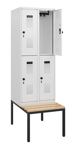 C+P Doppelstöckiger Spind Evolo PLUS, Bank, 4 Fächer, 1950x600x815mm, 9016/9016, Drehriegel, Sitzfläche Buche-Hartholz, Sitzbank, 0493505-20 S10023