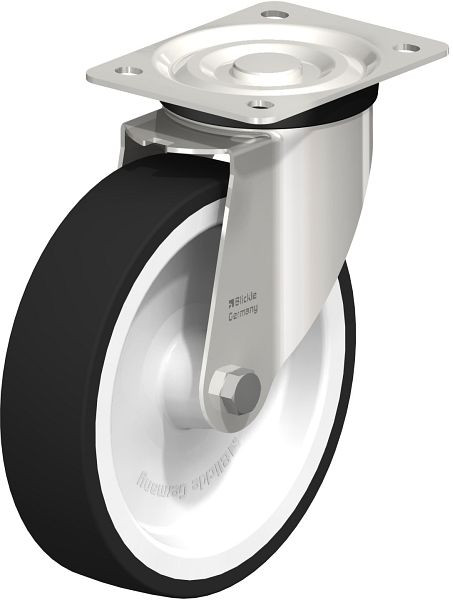 Blickle LX-POTH 200G Edelstahl-Lenkrolle, mittelschwere Ausführung, mit Anschraubplatte, Thermoplastisches Polyurethan, Grau, 25874