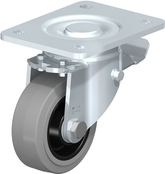 Blickle LH-POEV 100K-3-ST-SG Stahlblech-Lenkrolle, Schwerlast-Ausführung, mit Anschraubplatte & Feststeller, Elastik-Vollgummi, Grau, 750061