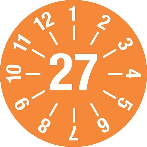 DENIOS Prüfplakette "27", mit Strichen, orange, Folie, selbstklebend, 30 mm, VE: 5 Bogen à 15 Stück, 290084