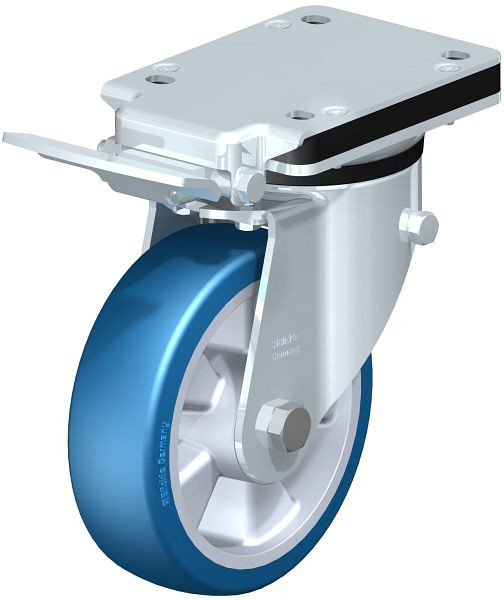 Blickle LK-ALBS 160K-IS Stahlblech-Lenkrolle, schwere Ausführung, mit Anschraubplatte & Feststeller, Blickle Besthane® Soft, Blau, 744592
