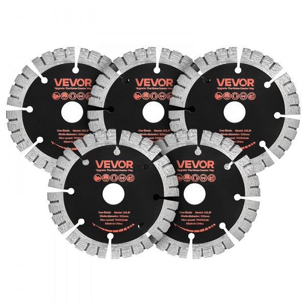 VEVOR 5 Stk. Diamanttrennscheiben 125mm, 20mm Bohrung, 14,5mm Segmenthöhe, max. 7500 U/min, für Beton, Mauerwerk, Stein, HNTJDP125MM04WUIT001V0