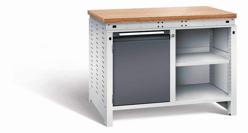 Otto Kind Werkbank Serie function Typ 210, Multiplexplatte 40 mm, bündig, 2x Unterbau, Gehäuse RAL 7035, Front RAL 7016, 072340149