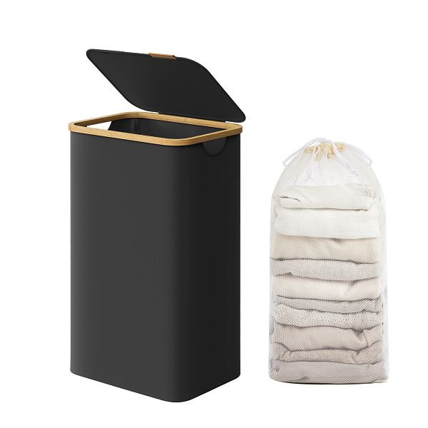SONGMICS Wäschekorb mit Deckel, großer Wäschekorb, 90L, abnehmbarer Netzeinsatz, zusammenklappbar, 42 x 32 x 70,5 cm, Schwarz, LCB509B01