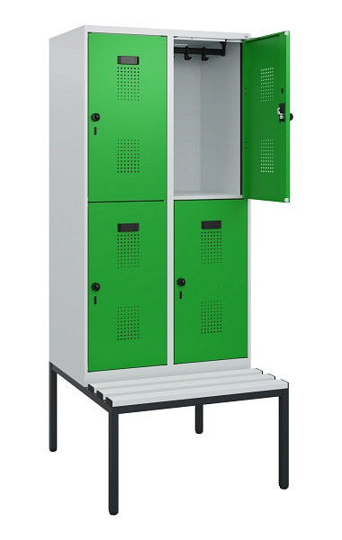 C+P Doppelstöckiger Spind Evolo PLUS, Bank, 4 Fächer, 1950x800x815mm, 7035/6037, Drehriegel, Sitzfläche Kunststoff, Sitzbank, 0493505-22 S10103
