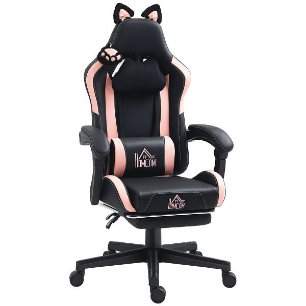HOMCOM Gaming-Sessel mit Katzenohren, neigbare Lehne, ausziehbare Fußstütze, bis 120 kg, Rosa/Schwarz, 921-794V00BK