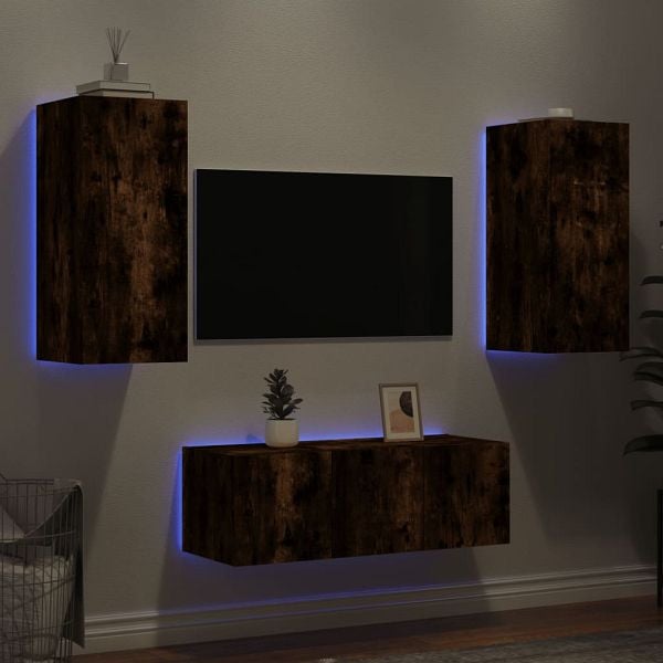 vidaXL 4-tlg. Wohnwand mit LED-Beleuchtung Räuchereiche Holzwerkstoff, 3216808