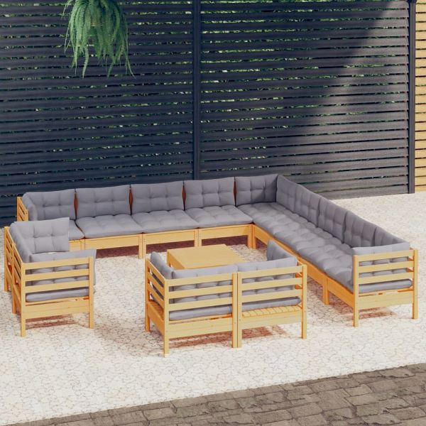 vidaXL 14-teilig Garten-Lounge-Set mit Grauen Kissen Massivholz Kiefer, 3096964