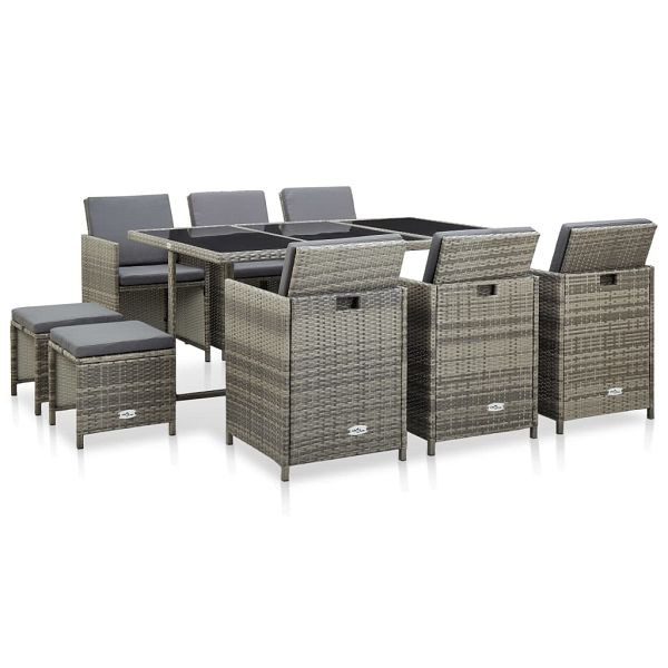vidaXL 11-teilig Garten-Essgruppe mit Auflagen Poly Rattan Grau, 46537
