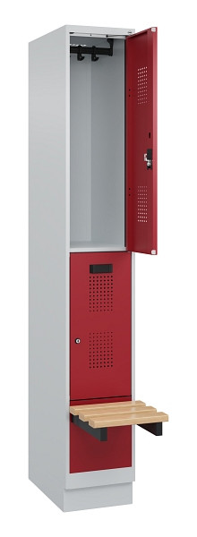 C+P Doppelstock-Spind Evolo PLUS, Bank, 2 Fächer, 1950x300x815mm, 7035/3003, Zylinderschloss, Sitzfläche Buche-Hartholz, mit Sockel, 049340-10 S10031