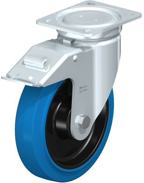 Blickle LU-POEV 200KD-FI-SB Stahlblech-Lenkrolle, schwere, geschlossene Ausführung, mit Anschraubplatte & Feststeller, Elastik-Vollgummi, Blau, 851645