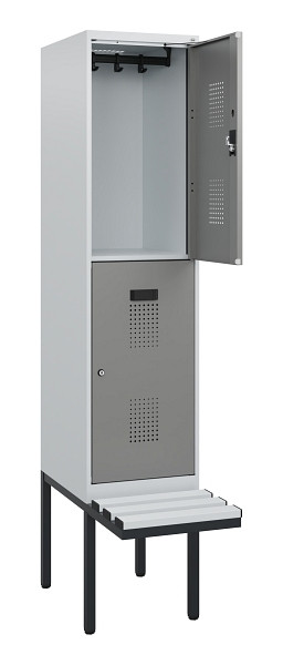 C+P Doppelstock-Spind Evolo PLUS, Bank, 2 Fächer, 1950x400x815mm, 7035/0004, Zylinderschloss, Sitzfläche Kunststoff, 0493405-12 S10147