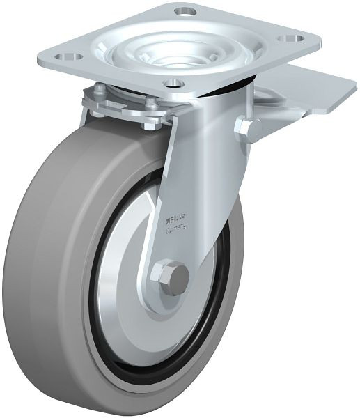 Blickle L-POEV 125KD-ST-SG-FA Stahlblech-Lenkrolle, mittelschwere Ausführung, mit Anschraubplatte & Feststeller, Elastik-Vollgummi, Grau, 850576