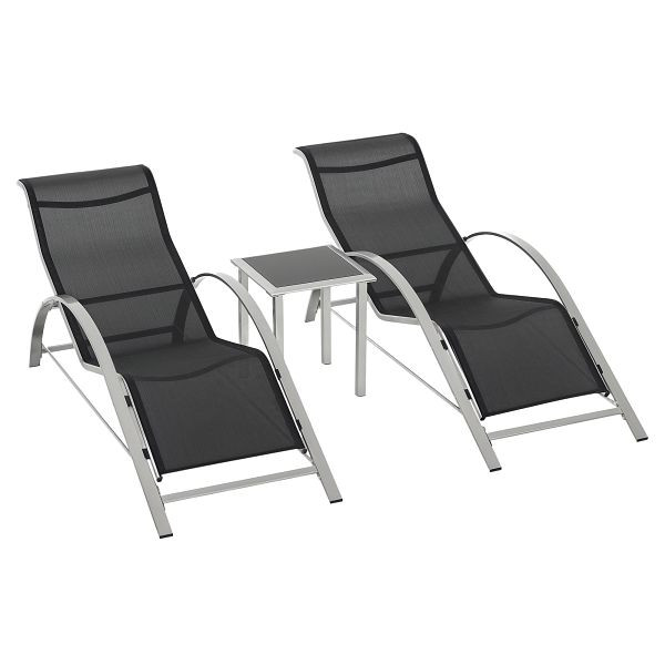Outsunny Gartenliege Set Metall Mesh 3-TLG. mit Teetisch mit 2 Sonnenliegen, 1 Beistelltisch für Balkon 59B x 169T x 66H cm Schwarz+Silber, 84B-570SR