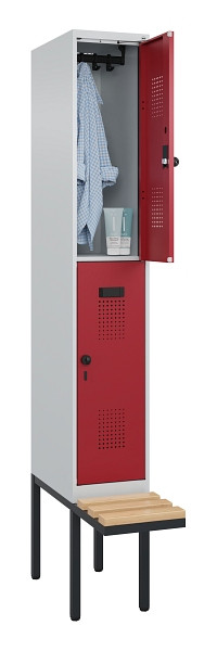 C+P Doppelstock-Spind Evolo PLUS, Bank, 2 Fächer, 2120x300x815mm, 7035/3003, Drehriegel, Sitzfläche Buche-Hartholz, 0493407-10 S10004