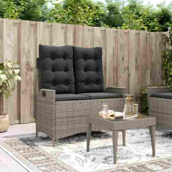 vidaXL Gartenbank Verstellbar mit Kissen Grau Poly Rattan, UV-beständig, 368238