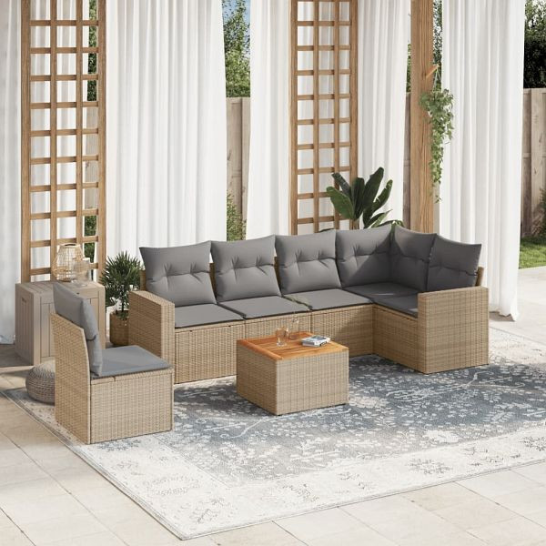 vidaXL 7-tlg. Garten-Sofagarnitur mit Kissen Beige Poly Rattan, 3224148