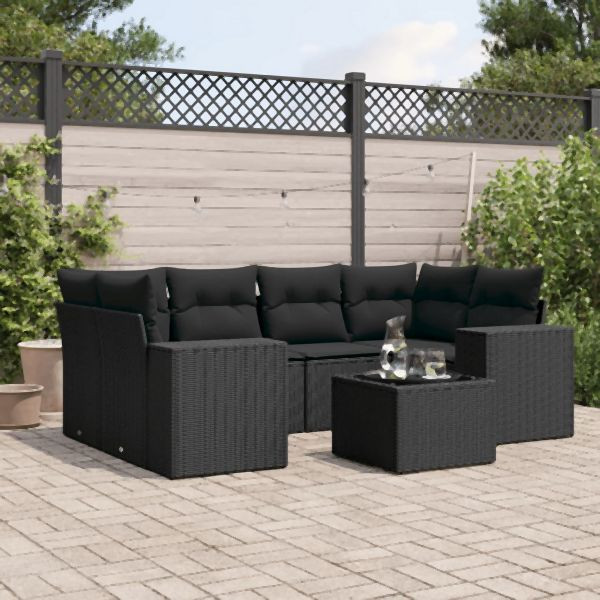vidaXL 7-tlg. Garten-Sofagarnitur mit Kissen Schwarz Poly Rattan, 3222314