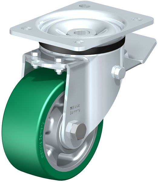 Blickle LK-ALST 127K-ST Stahlblech-Lenkrolle, schwere Ausführung, mit Anschraubplatte & Feststeller, Blickle Softhane®, Grün, 852363