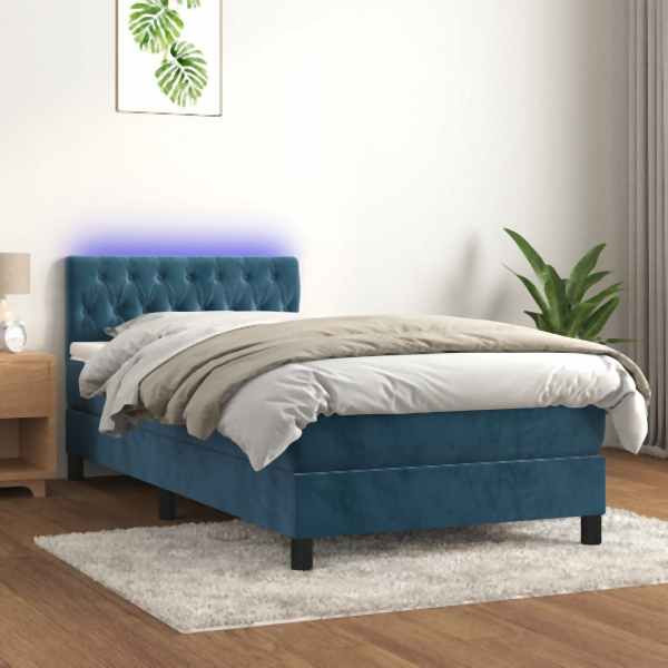 vidaXL Boxspringbett mit Matratze & LED Dunkelblau 100x200 cm Samt, 3134571