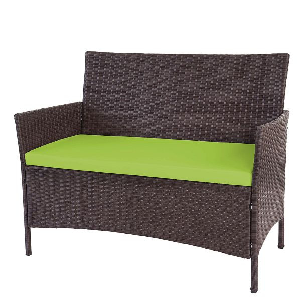 Mendler Poly-Rattan Gartenbank Halden, Sitzbank Bank, braun-meliert, Kissen grün, 52038