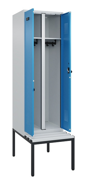 C+P Schwarz-Weiß-Spind Evolo PLUS, Bank, 2 Abteile, 2120x600x815mm, 7035/5012, Drehriegel, Sitzfläche Kunststoff, Sitzbank, 0490527-20 S10061