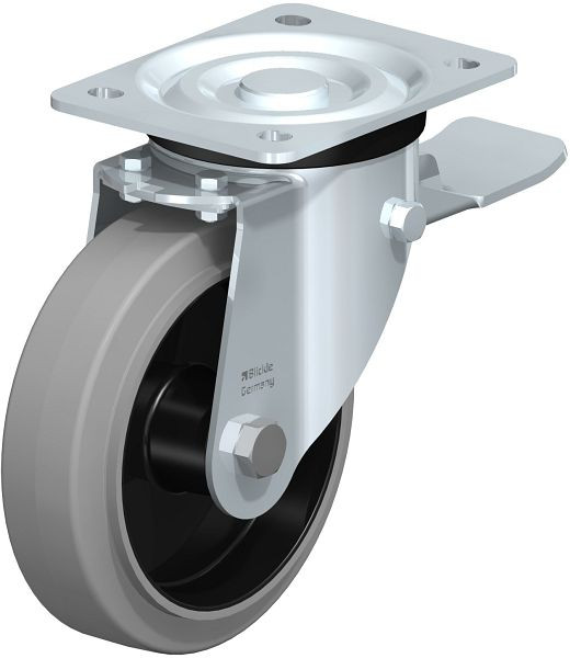 Blickle L-POEV 161XR-ST-SG Stahlblech-Lenkrolle, mittelschwere Ausführung, mit Anschraubplatte & Feststeller, Elastik-Vollgummi, Grau, 850586