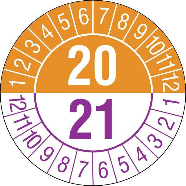 SafetyMarking Prüfplakette - mit Jahresfarbe, Jahreszahlen: 19/20, Prüfzeitraum: 20/21, Ø 2 cm, Folie, selbstklebend, VE: 28 Stück/Bogen, 30.3672-19/20
