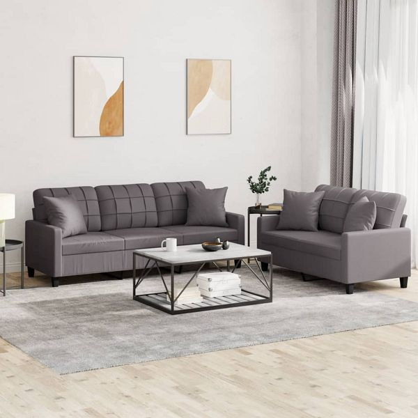 vidaXL 2-teilig Sofagarnitur mit Kissen Grau Kunstleder, 3201390