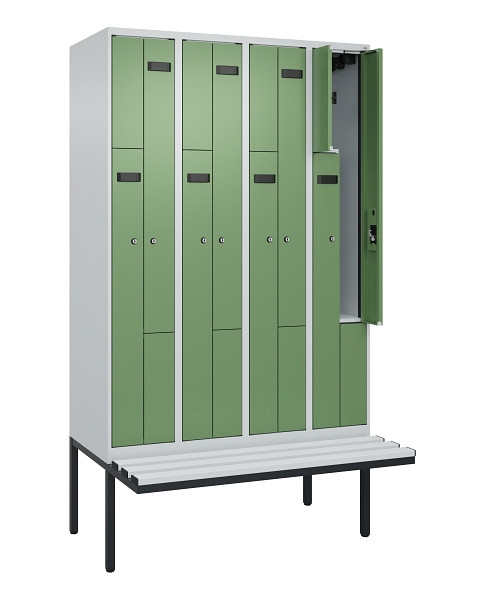 C+P Z-Spind Evolo PLUS, Bank, 8 Fächer, 2120x1200x815mm, 7035/6011, Zylinderschloss, Material Sitzfläche Kunststoff, 0490437-408 S10091