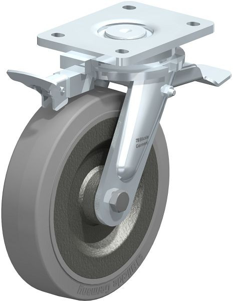Blickle LO-SE 200K-ST-SG-RI4 Stahlgeschweißte Schwerlast-Lenkrolle mit Feststeller, Elastik-Vollgummi, Grau, 852108