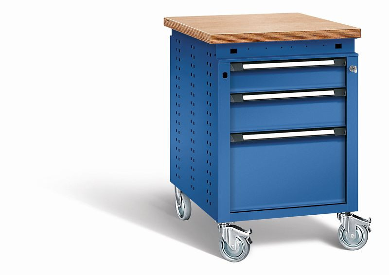 Otto Kind Werkbank Serie function Typ 152 fahrbar, Multiplexplatte 40 mm, bündig, 3 Schubladen, mit Zentralverschluss, komplett RAL 5010, 072379113