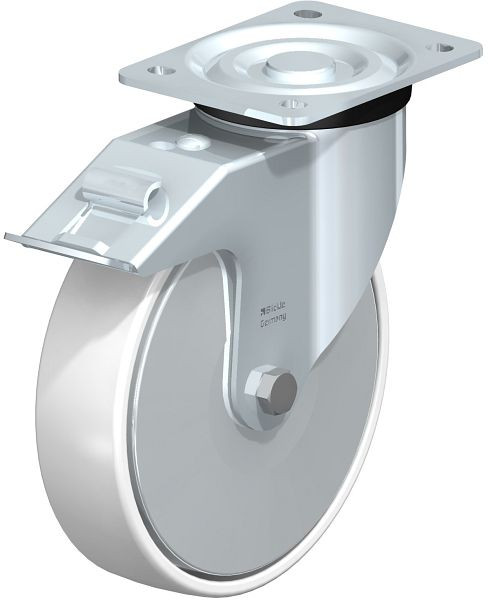 Blickle L-PPN 200R-FI-FA Stahlblech-Lenkrolle, mittelschwere Ausführung, mit Anschraubplatte & Feststeller, Polypropylen, Weiß, 762825