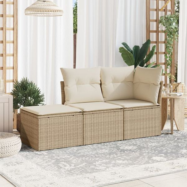 vidaXL 3-teilig Garten-Sofagarnitur mit Kissen Beige Poly Rattan, 3249307
